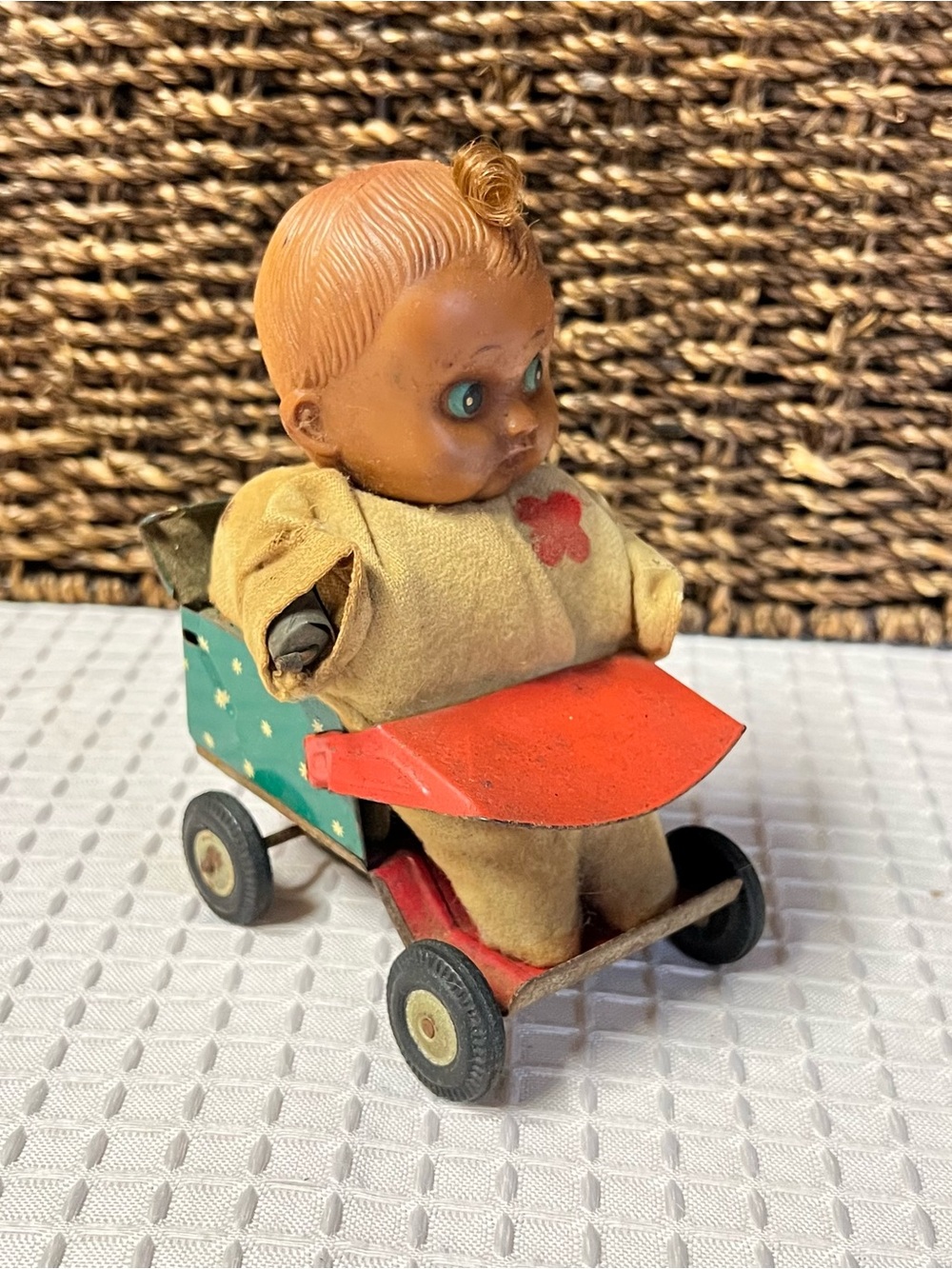 Vintage Modern Toys Japan "My Baby on the Stroller" Tin & Celluloid Friction Toy